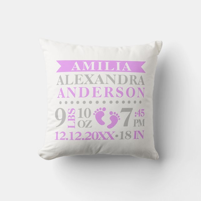 Personalized Lavender Purple BABY Girl Nursery Throw Pillow (Front)
