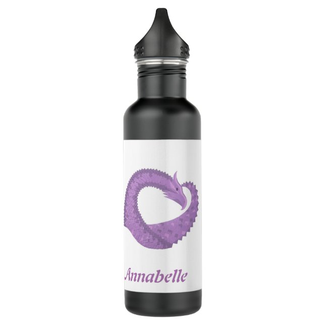 Personalized lavender purple heart dragon on white stainless steel water bottle (Left)