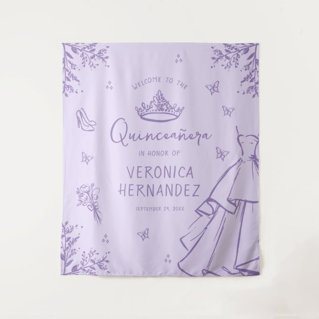 Personalized Lavender Quinceañera Photo Backdrop (Front)