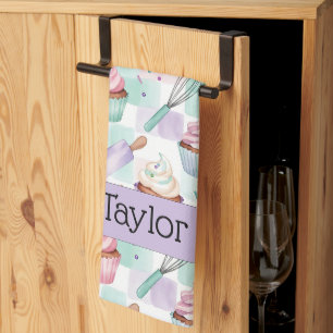Personalized Lavender Teal Cupcake Pattern Kitchen Towel