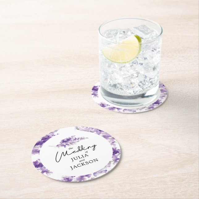 Personalized Lavender Watercolor Wedding Elegant Round Paper Coaster (Insitu)