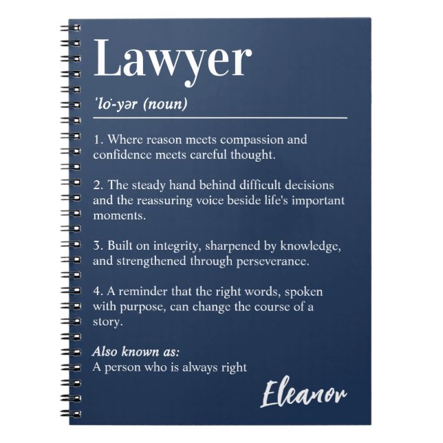Personalized Lawyer Dictionary Definition Navy Notebook (Front)