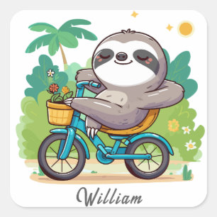 Personalized Lazy Sloth's Relaxing Bike Adventure Square Sticker