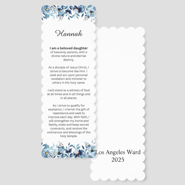 Personalized LDS Young Women Theme Bookmark BLUE (Front & Back)