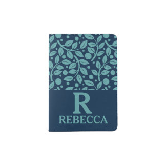 Personalized leafy blue passport holder