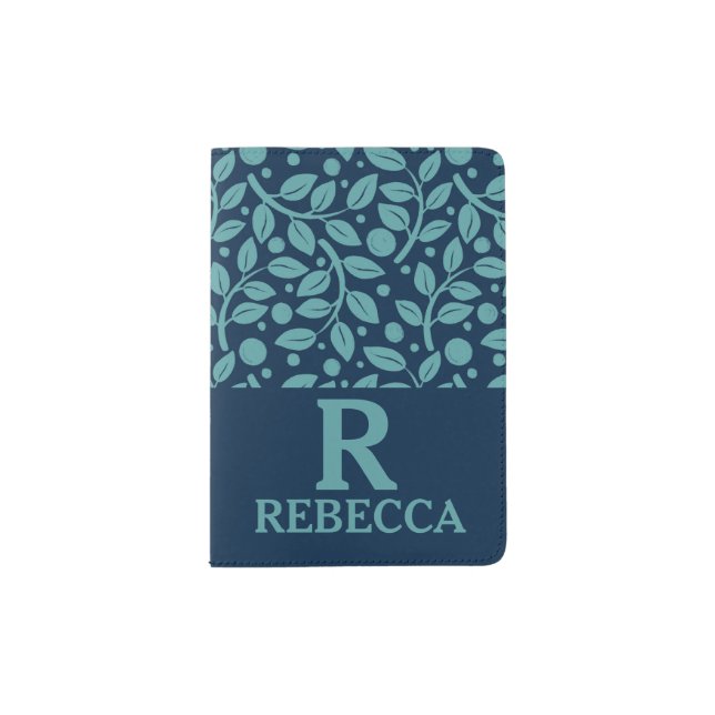 Personalized leafy blue  passport holder (Front)