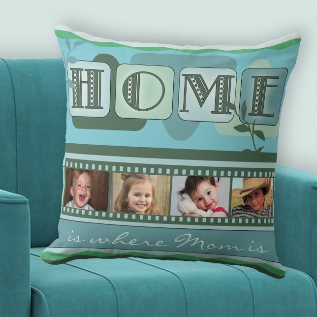 Personalized Leafy Green Photo Pillow (A modern teal green pillow with a "Home is ..." theme with your own photos - Mother's Day - birthday)
