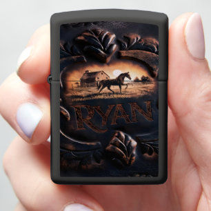 Personalized Leather Horse Scene Zippo Lighter