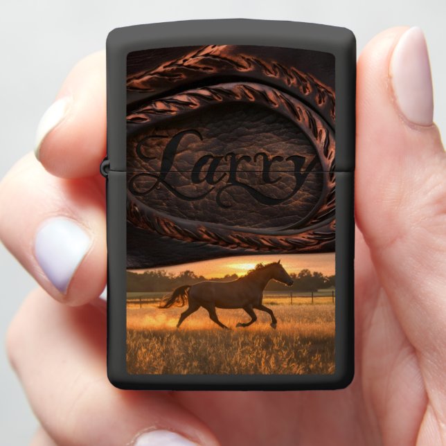 Personalized Leather Horse Sign Zippo Lighter (In Hand)