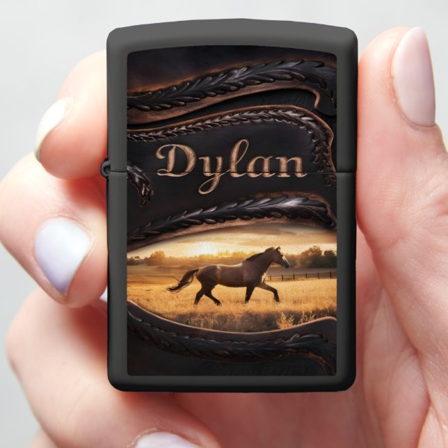 Personalized Leather With Horse Zippo Lighter (In Hand)