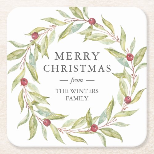 Personalized Leaves Berries Wreath Christmas Square Paper Coaster