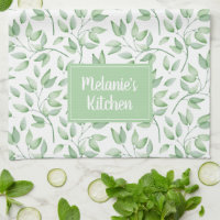 Personalized Leaves in Sage Green Kitchen Towel, Zazzle