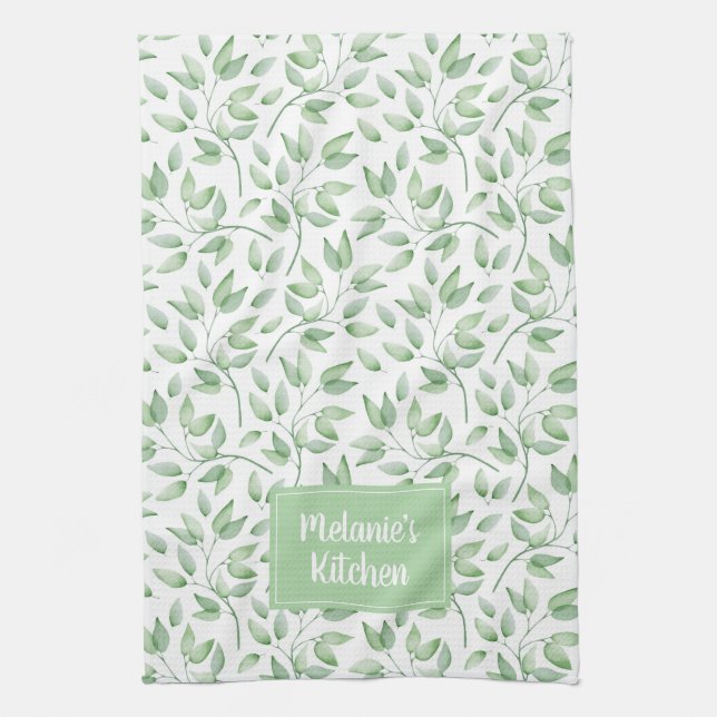 Personalized Leaves in Sage Green Kitchen Towel (Vertical)