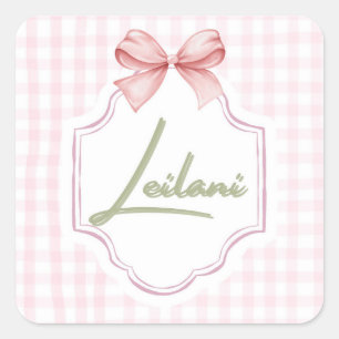 Personalized Leilani Baby Girl Nursery Gingham  Square Sticker