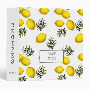 Personalized Lemon and Olive Pattern Recipes 3 Ring Binder