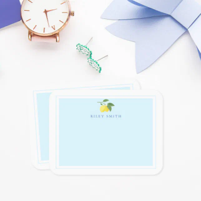 Personalized Lemon Blue Background Flat Note Card | Zazzle