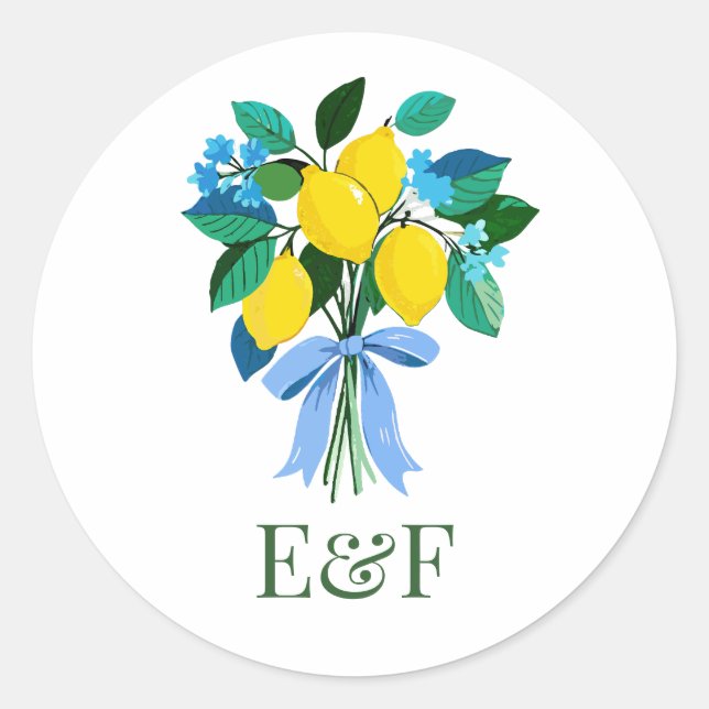 Personalized Lemon Bridal Shower Monogram Classic Round Sticker (Front)