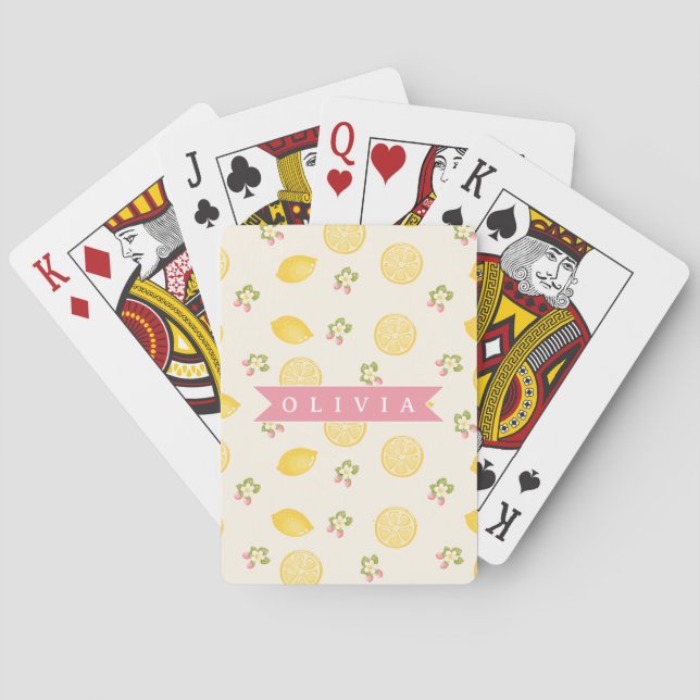 Personalized Lemon Floral Summer Custom Name Poker Cards (Back)