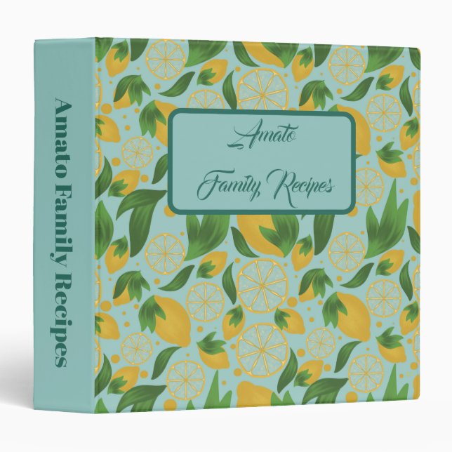 Personalized Lemon Foliage Family Recipe 3 Ring Binder (Front/Spine)