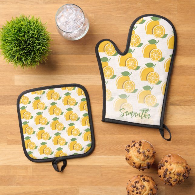 Personalized Lemon Fun Pattern Script Yellow  Oven Mitt & Pot Holder Set (Top Down)