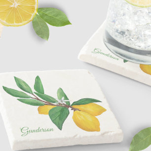 Personalized Lemon Leaf Yellow Green Name Stone Coaster