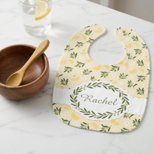 Personalized Lemon Olive Branch Wreath Baby Bib