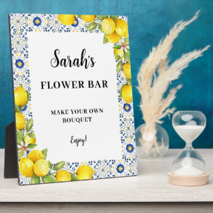 Personalized Lemon on blue tiles Flower Bar Sign Plaque