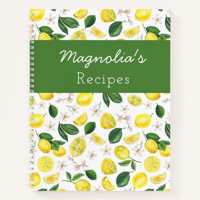 Personalized Lemon Pattern Recipe Notebook (Front)