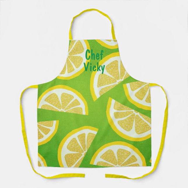 Personalized Lemon Slices on Lime Green Background Apron (Front)