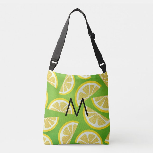 Personalized Lemon Slices on Lime Green Background Crossbody Bag (Front)