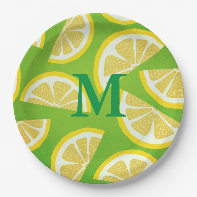 Personalized Lemon Slices on Lime Green Background Paper Plates (Front)