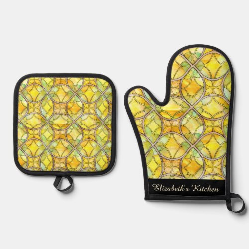 Personalized Lemon Stained Glass  Oven Mitt  Pot Holder Set