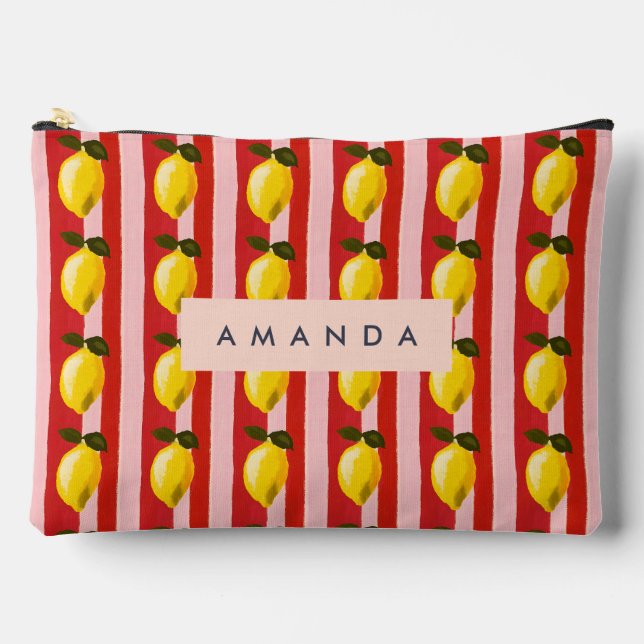 Personalized Lemon Stripe Pattern Yellow Lemons  Accessory Pouch (Front)