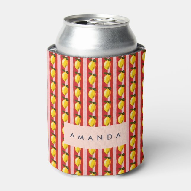 Personalized Lemon Stripe Pattern Yellow Lemons  Can Cooler (Can Front)