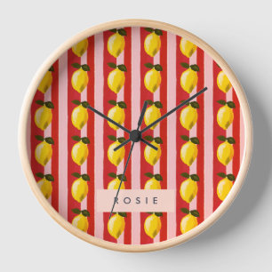 Personalized Lemon Stripe Pattern Yellow Lemons  Clock