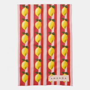 Personalized Lemon Stripe Pattern Yellow Lemons  Kitchen Towel