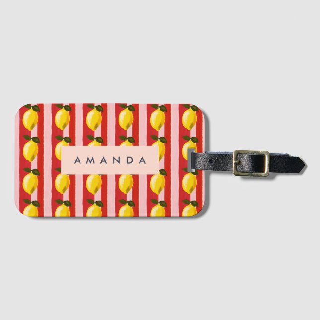 Personalized Lemon Stripe Pattern Yellow Lemons  Luggage Tag (Front Horizontal)
