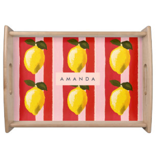 Personalized Lemon Stripe Pattern Yellow Lemons Serving Tray
