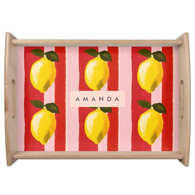 Personalized Lemon Stripe Pattern Yellow Lemons  Serving Tray (Front)