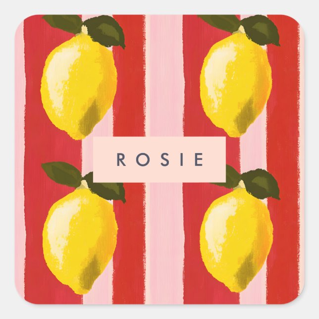 Personalized Lemon Stripe Pattern Yellow Lemons  Square Sticker (Front)