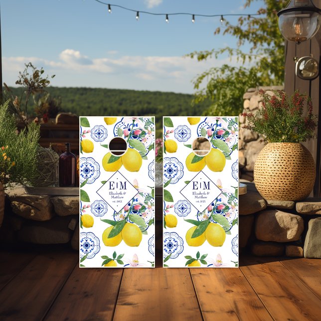 Personalized Lemon Tile-Themed Italian Wedding Cornhole Set (Personalized Lemon Tile-Themed Italian Wedding Cornhole Set)