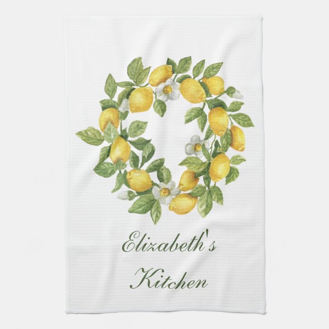 Personalized Lemon Wreath Leaves White Flowers Kitchen Towel (Vertical)