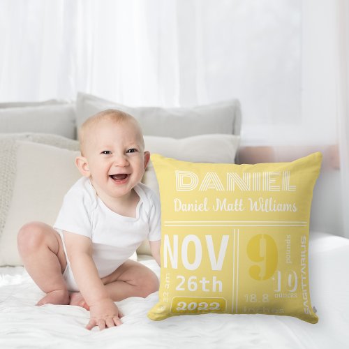 Personalized Lemon Yellow Birth Announcement Throw Pillow