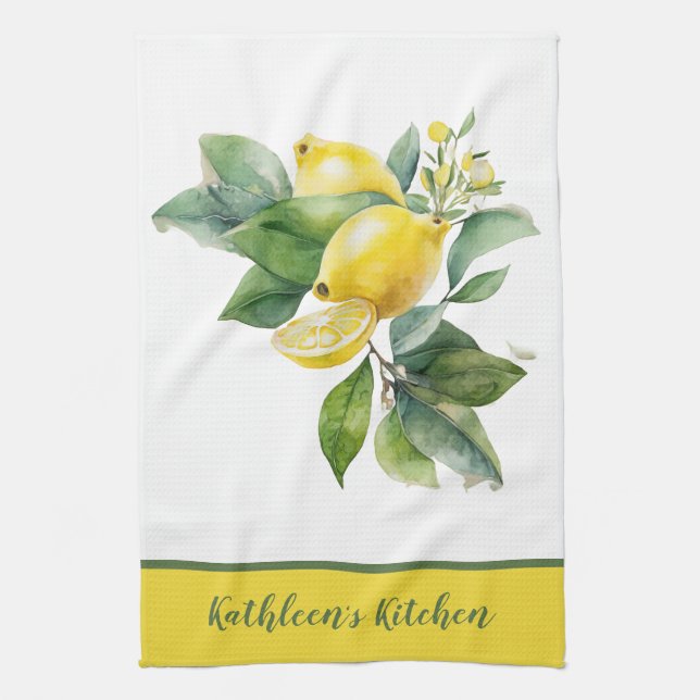 Personalized Lemon Yellow Green Greenery Kitchen Towel (Vertical)