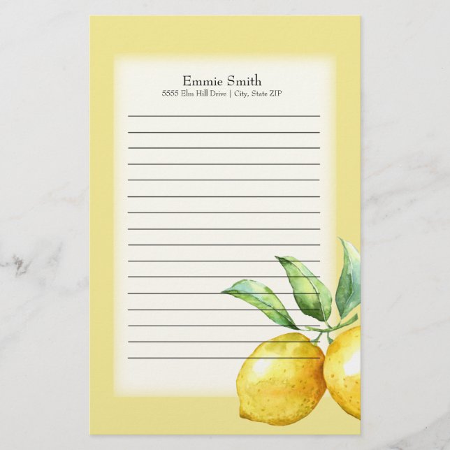 Personalized Lemons and Green Leaves on White Stationery (Front)