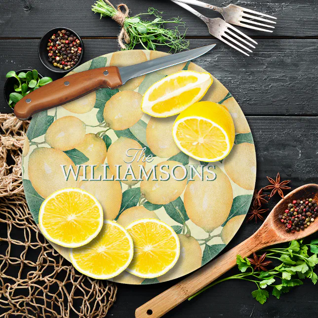 Personalized Lemons Greenery Cutting Board Zazzle