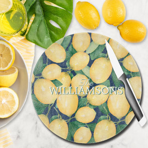 Personalized Lemons Greenery Navy Blue Cutting Board