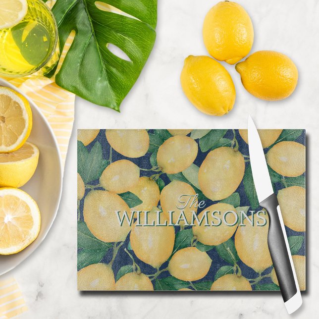 Personalized Lemons Navy Blue Cutting Board (Personalized Lemons on Navy Blue Glass Cutting Board)