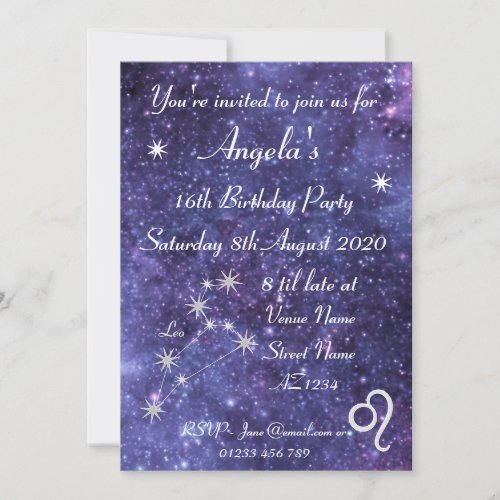 Personalized Leo Zodiac Galaxy Party Invitation