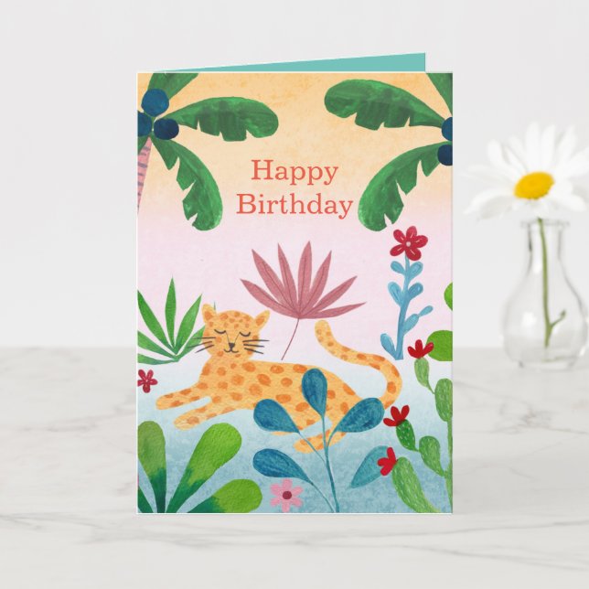 Personalized leopard Age 7 girls Birthday Card (Small Plant)